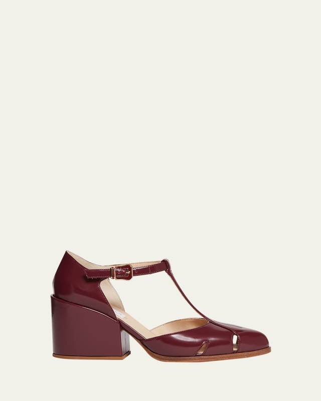 Evita T-Strap Leather Block-Heel Pumps